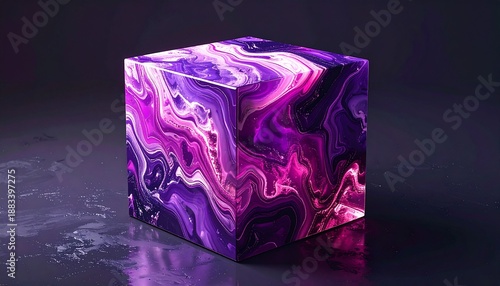 Futuristic Abstract Geometric Cube with Purple Pink Marble Layers and Studio Realism