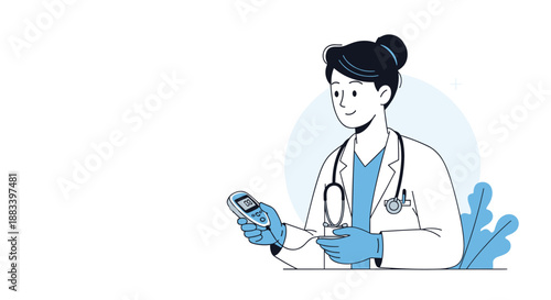 Professional female doctor wearing a white coat and stethoscope checking blood glucose levels with a digital meter illustration.