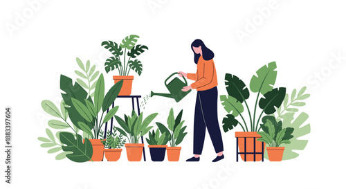 Young woman watering a dense collection of various indoor plants in pots using a green watering can in a botanical garden setting.