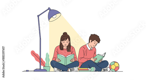 Little boy and girl sitting on the floor and reading books together under the warm light of a purple floor lamp in a cozy setting.