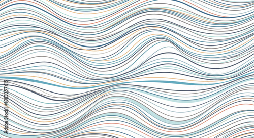 Abstract background of flowing colorful wavy lines in blue, orange, and grey colors creating a sense of movement and dynamic energy.