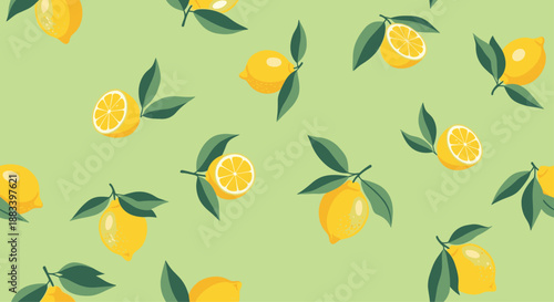 Seamless vector pattern featuring fresh yellow lemons with green leaves scattered across a light green background for a refreshing look.