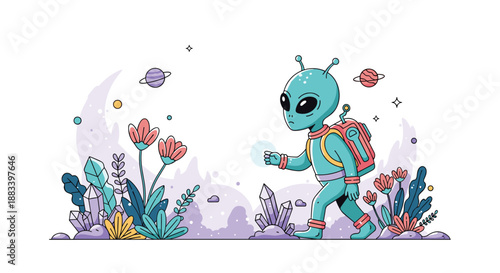 Cute blue alien character wearing a backpack and walking through a fantasy world filled with colorful flowers, crystals, and planets.