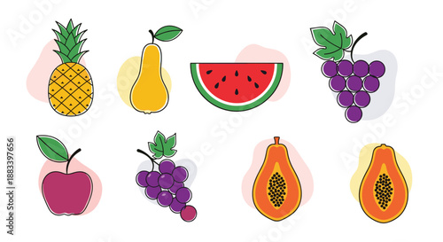 Flat vector illustration collection of various fresh fruits like pineapple, pear, watermelon, grapes, apple, and papaya with colorful accents.