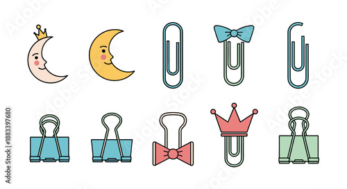 Variety of cute paper clips and binder clips in pastel colors decorated with moon, bow, and crown icons for school and office supplies.