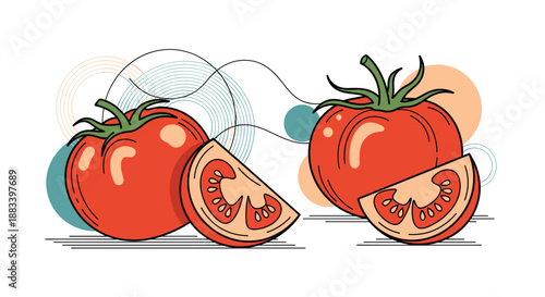 Two ripe red tomatoes and two fresh slices depicted with artistic abstract circular patterns and lines in the background for a modern look.