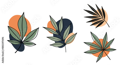 Set of stylized green tropical leaves placed over abstract orange and dark blue blobs creating a modern and artistic botanical composition.