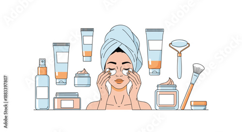 Woman with a towel on her head applying eye patches surrounded by various skincare products like creams, lotions, and a face roller for beauty.