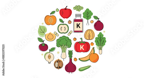 Various fruits and vegetables arranged in a circle around a vitamin K bottle featuring foods like broccoli, apple, onion, and spinach for health.