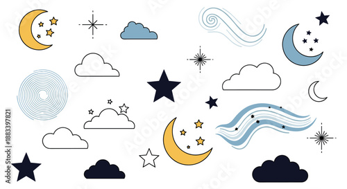 Collection of celestial elements including yellow moons, white clouds, blue stars, and swirling wind icons on a white background for night themes.