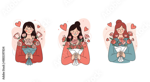 Three separate illustrations of young women holding beautiful bouquets of flowers with heart icons expressing love, gratitude, and happiness.