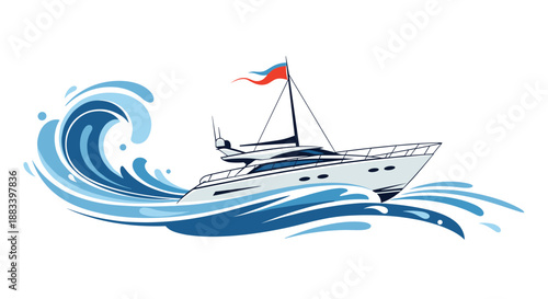 White luxury yacht cruising through powerful blue ocean waves with a flag on the mast in a dynamic and adventurous nautical scene on white.