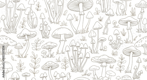 Detailed hand-drawn sketch pattern showcasing various species of mushrooms and wild plants in a rustic monochrome vintage illustration style.
