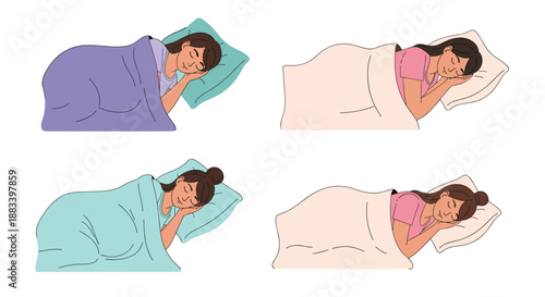 Set of four illustrations depicting different women sleeping peacefully in their beds with cozy blankets and soft pillows in a flat design.