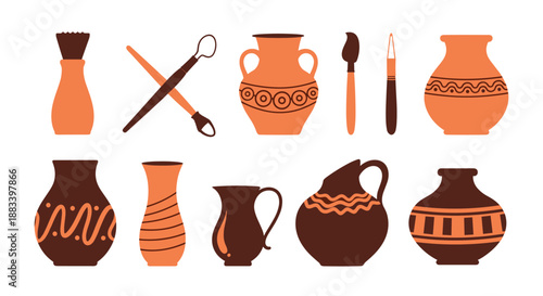 Collection of traditional pottery tools and clay vases in various shapes and sizes featuring ancient decorative patterns on a white background.