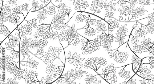 Detailed black and white line art pattern of berry branches and leaves creating a dense botanical forest floor texture for artistic design.