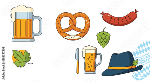 Collection of traditional Oktoberfest icons including beer mugs, a pretzel, a grilled sausage, hop cones, and a Tyrolean hat on a white background.