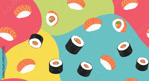 Colorful and vibrant seamless pattern of various sushi pieces and maki rolls floating on an abstract multi-colored background for menu designs.