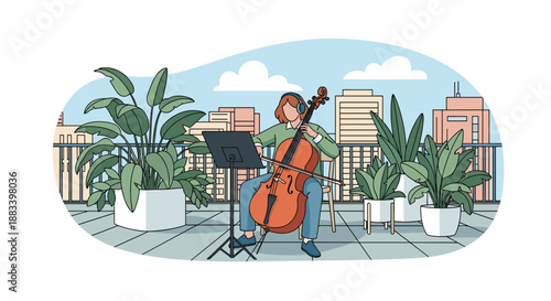 Young woman playing the cello on a modern balcony with large potted plants and a cityscape background under a clear sky in a flat vector style.