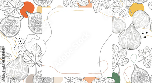 Decorative border frame with a background of hand-drawn fig sketches and abstract color shapes on a clean white surface for menu templates.