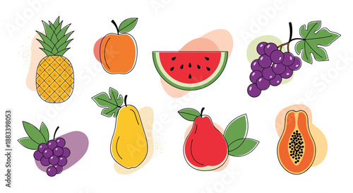 Set of colorful fruit icons featuring a pineapple, apple, watermelon, grapes, pear, and papaya in a simple modern vector illustration style.
