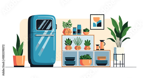 Modern and cozy kitchen interior features a stylish blue refrigerator, wooden shelves with dinnerware, and many green plants.