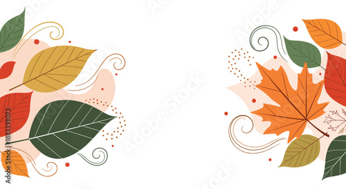 Seasonal border frame made of various colorful autumn leaves like maple and birch on a light pink textured background for holiday greetings.
