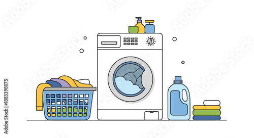 Domestic scene shows a front-loading washing machine alongside a basket of laundry, detergent bottles, and folded towels.