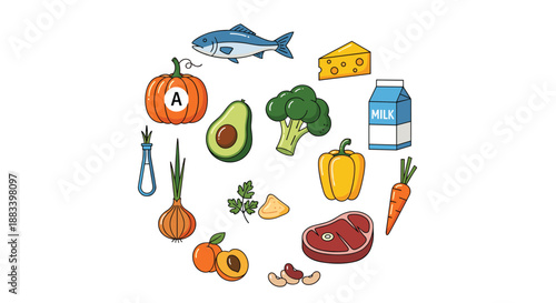Collection of healthy food items rich in vitamin A arranged in a circular composition on a clean white background.
