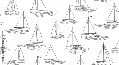 Minimalist seamless pattern showcases numerous sailboats sailing on wavy water in a clean black and white line art style.