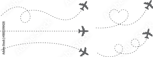 Airplane route with dotted flight path. Flying plane symbol with twisted, curved, straight and heart shape dashed trace path. Transparent png and vector illustration