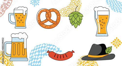 Traditional Oktoberfest icons collection includes beer mugs, pretzels, hops, sausages, and a decorative Bavarian hat.