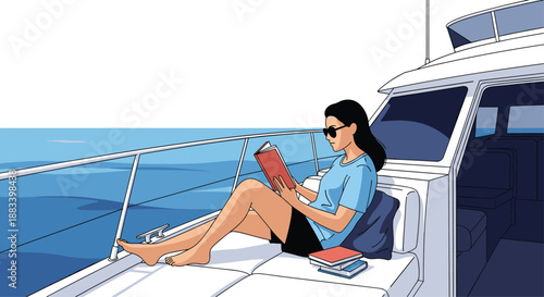 Relaxed woman reading a book while sunbathing on the deck of a white yacht at sea under a clear blue summer sky.
