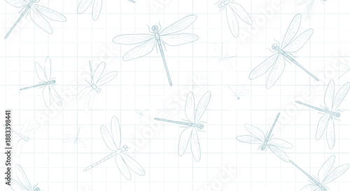Delicate seamless pattern features light blue dragonflies scattered across a subtle white and blue grid background.