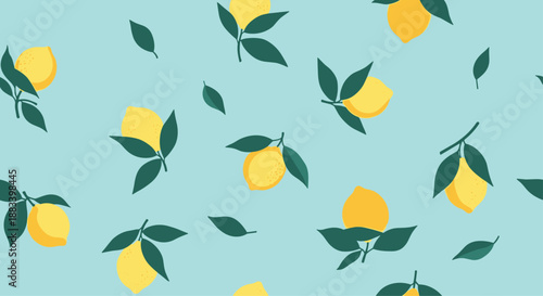 Vibrant seamless pattern displays ripe yellow lemons with green leaves scattered across a refreshing light blue background.