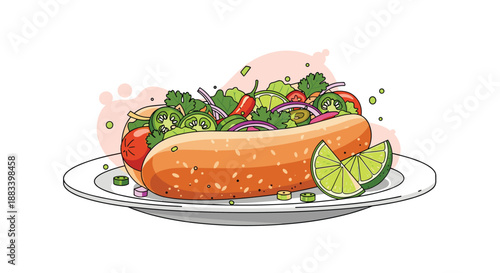 Delicious Mexican-style hot dog with jalape�os, onions, tomatoes, cilantro, and lime wedges served on a white plate.