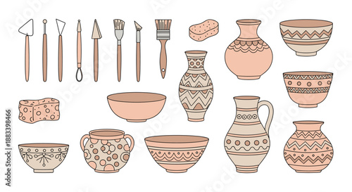 Comprehensive collection of pottery tools and various ceramic bowls and vases with traditional geometric patterns.