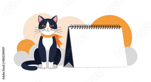 Black and white cat with an orange bow sitting next to a blank white flip desk calendar on a decorative abstract background design.