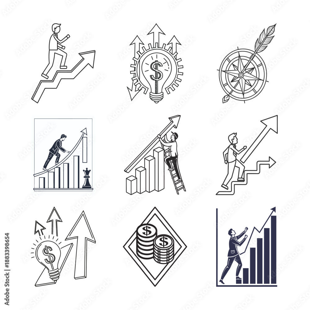 Fototapeta premium Business Growth Icons: A collection of various icons representing the concepts of business growth and financial success, suitable for use in presentations, infographics, and other design projects.
