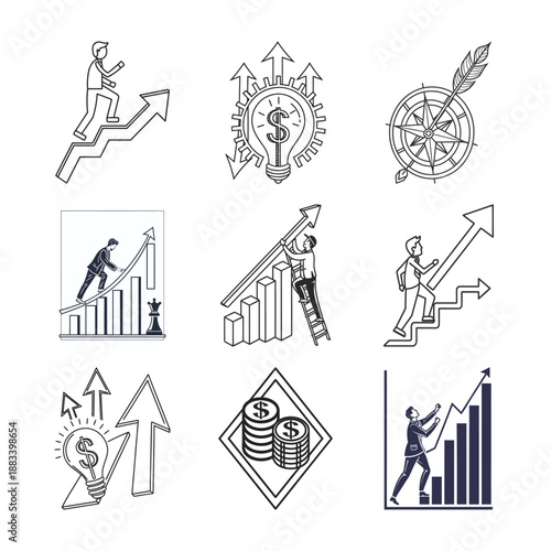Business Growth Icons: A collection of various icons representing the concepts of business growth and financial success, suitable for use in presentations, infographics, and other design projects.