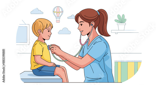 Pediatrician examining child in clinic for children's health awareness and preventive care materials