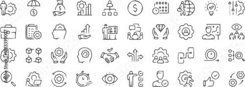 Operations management web icons in line style. Logistics, business process, maintenance, supply chain, improvement, planning, collection