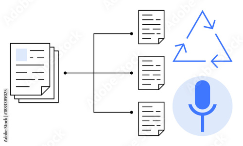 Data management, document organization, sustainability, audio processing, workflow automation, environmental conservation. Visual of sorted documents linked to a recycle symbol and a microphone. Data