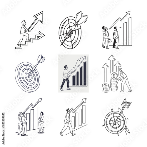 Business Goal Icons: A set of business goal icons, featuring concepts of success, direction, and upward movement, symbolizing progress and achievement.