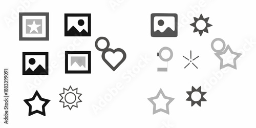 a collection of monochrome icons representing photography shapes and various design elements