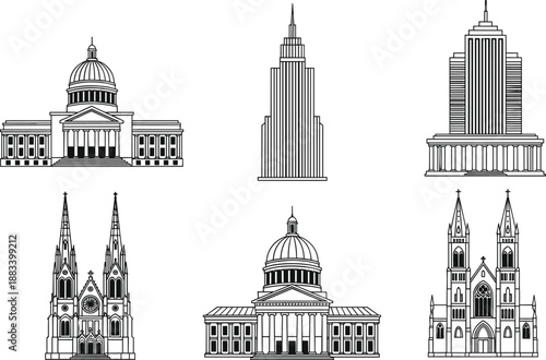 Famous architectural landmarks silhouettes set featuring historic cathedrals capitol buildings skyscrapers city skyline vector illustration collection monochrome detailed iconic designs