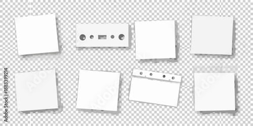 a collection of blank white paper sheets and sticky notes on a transparent background