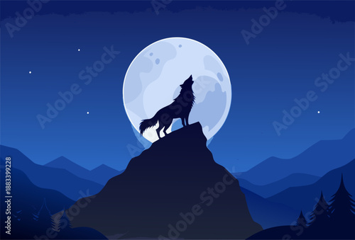 Wolf Howling at Full Moon on Mountain Peak Silhouette Night Sky