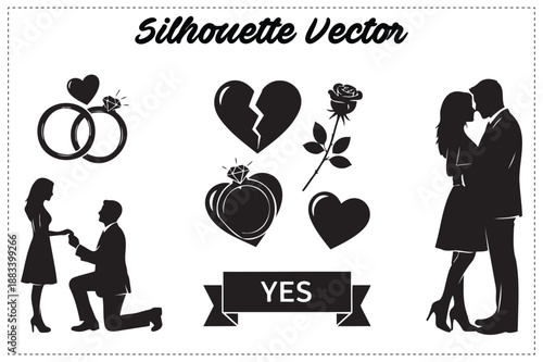 Couple Silhouettes in Romantic Gestures with Heart Symbols in Monochrome Black Illustration for Wedding Invitation