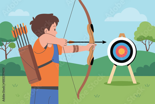 An archer is shown aiming a bow and arrow at a target outdoors with trees visible in the background, professional vector illustration for rank titles, sports competition, precision training, outdoor 